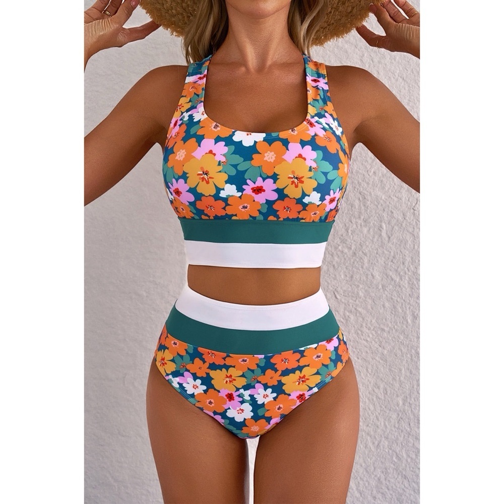 Green Floral Print Racerback Cutout High Waist Bikini